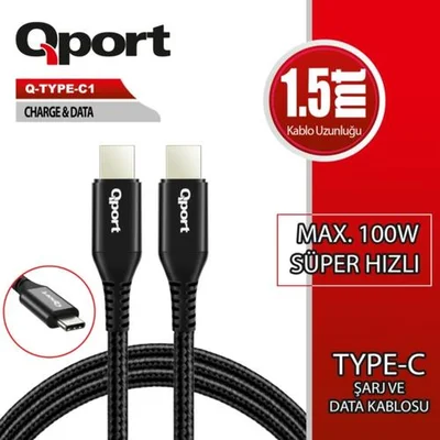 Qport Q-TYPE-C1 1,5m Type-C 100w Süper Hızlı PD Şarj ve Data Kablosu - Resim 1