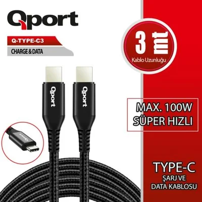 Qport Q-TYPE-C3 3m Type-C 100w Süper Hızlı PD Şarj ve Data Kablosu - Resim 1
